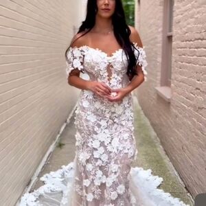 Mon Cheri Off-Shoulder Floral Lace Gown